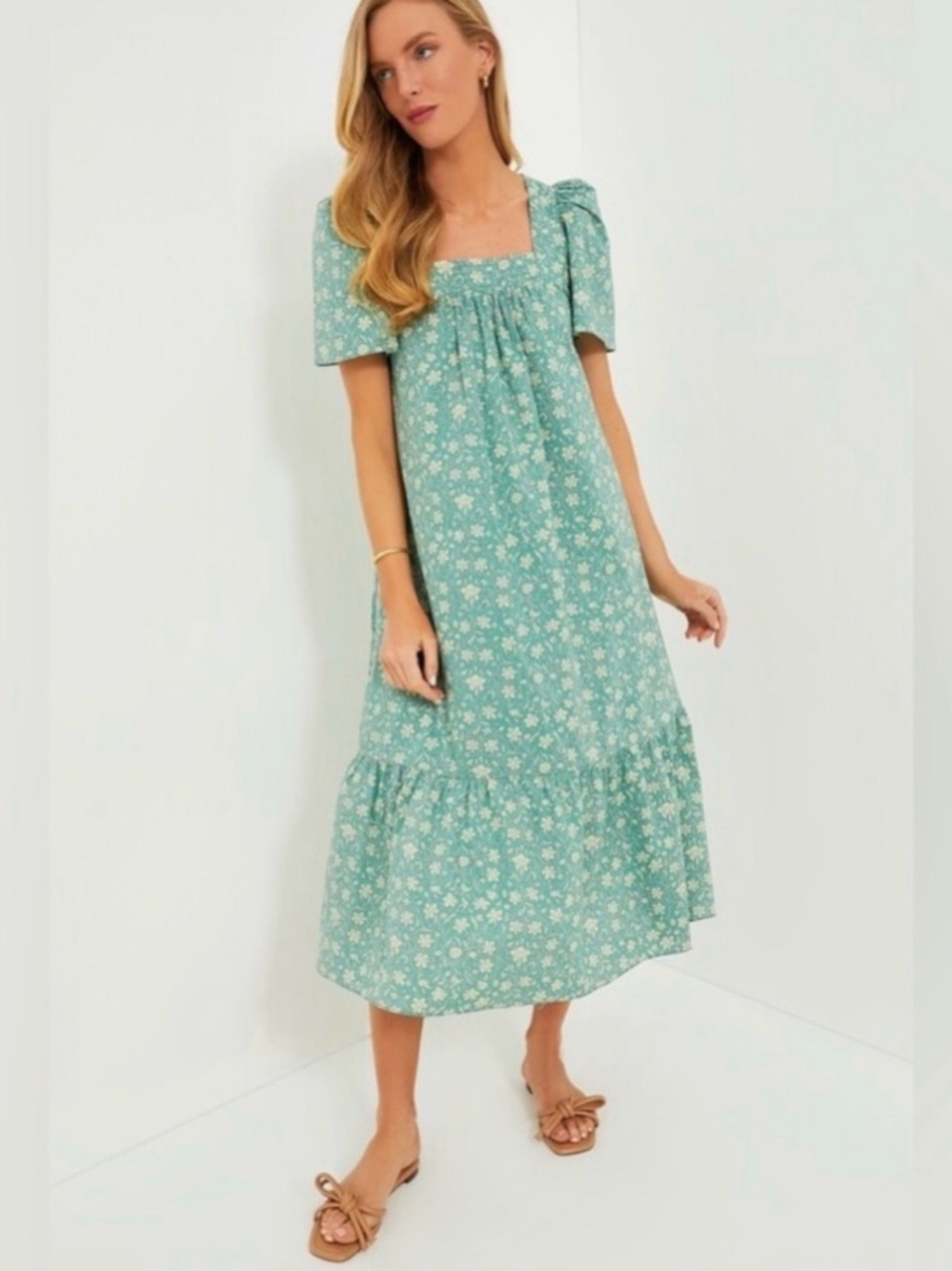 Tuckernuck Hyacinth House Square Neck Floral Midi Dress in Mint Green